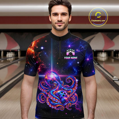 Custom Galaxy Octopus Bowling Shirt for Men Purple Bowling Jersey Bowling Outfit QZT1359