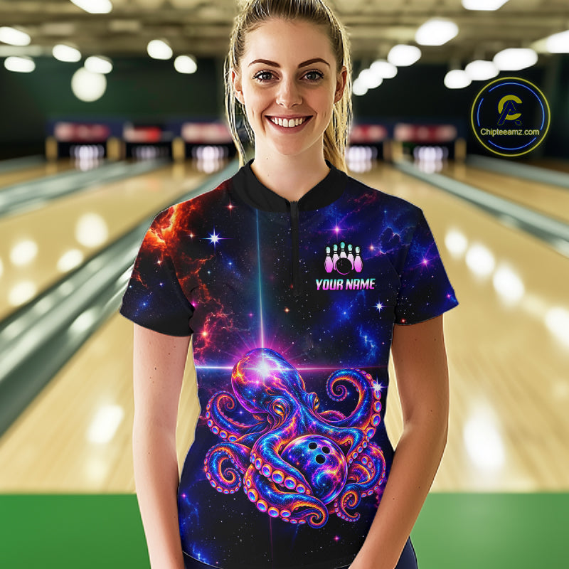 Custom Galaxy Octopus Bowling Shirt for Women Purple Bowling Jersey Bowling Outfit QZT1359