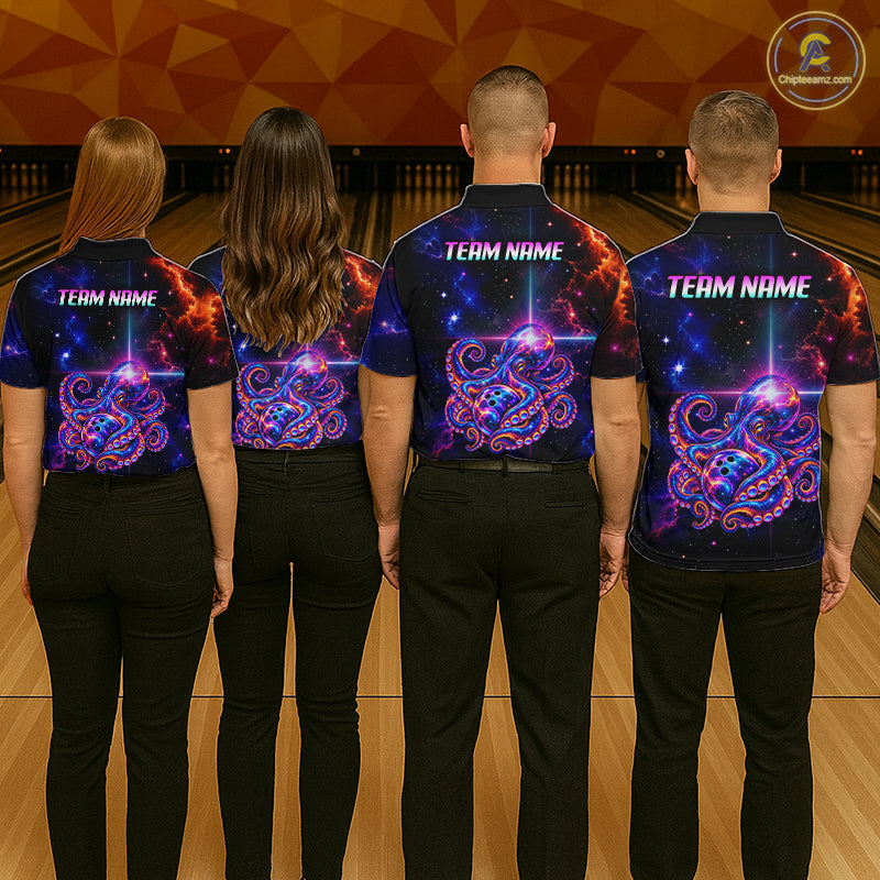 Custom Galaxy Octopus Bowling Shirt for Men Purple Bowling Jersey Bowling Outfit QZT1359