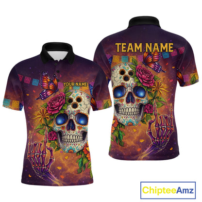 Custom Funny Sugar Skull Bowling Shirt for Men Bowling Team Jersey Polo & Quarter-Zip Bowling Outfit  QZT909