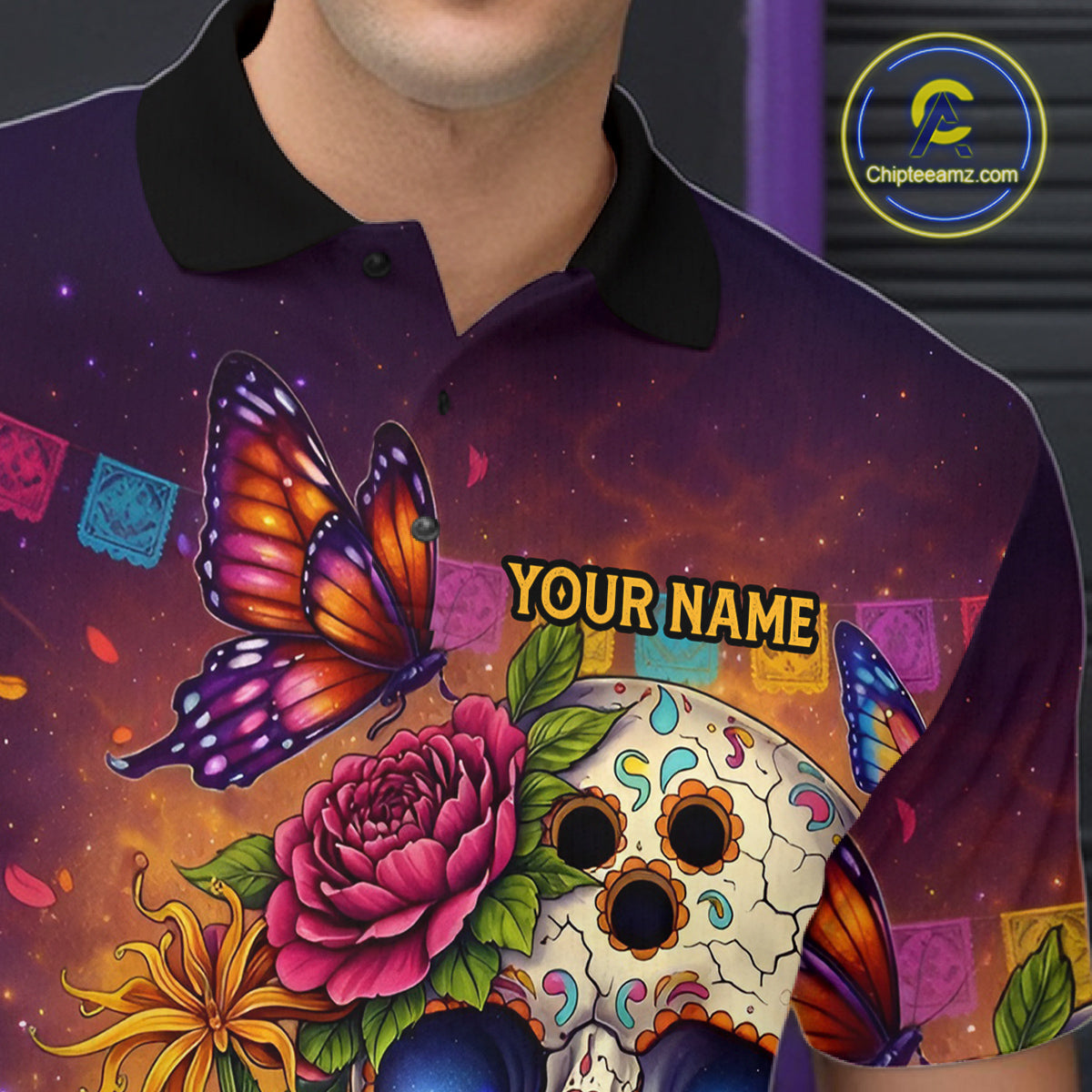 Custom Funny Sugar Skull Bowling Shirt for Men Bowling Team Jersey Polo & Quarter-Zip Bowling Outfit  QZT909