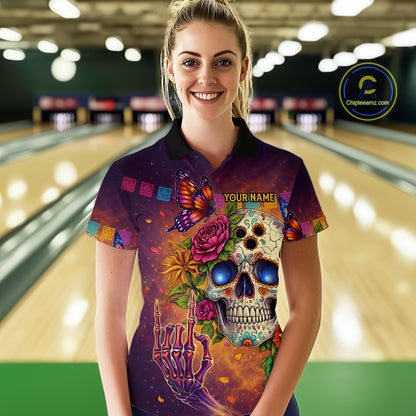Custom Funny Sugar Skull Bowling Shirt for Women Bowling Team Jersey Polo & Quarter-Zip Bowling Outfit  QZT909