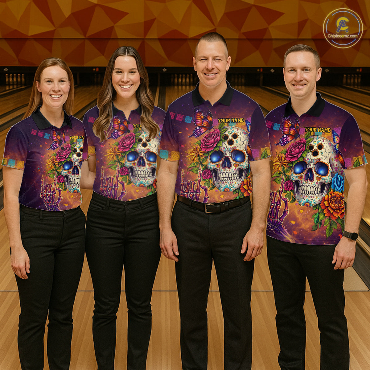 Custom Funny Sugar Skull Bowling Shirt for Women Bowling Team Jersey Polo & Quarter-Zip Bowling Outfit  QZT909