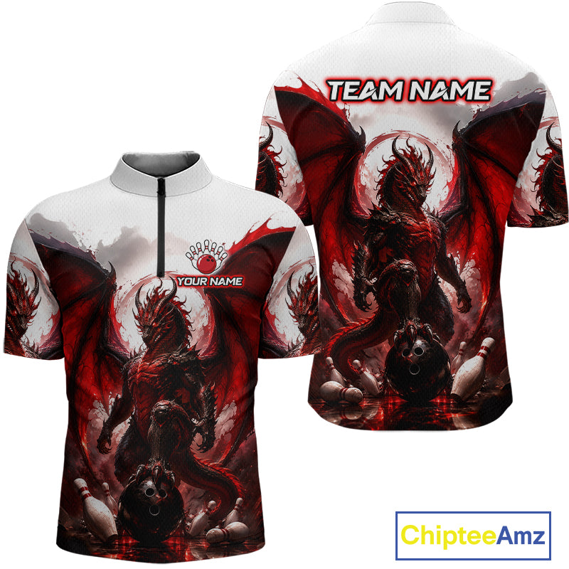 Custom Red Dragon Bowling Shirt for Men Bowling Team Jersey Polo & 1/4 Zip QZT1215