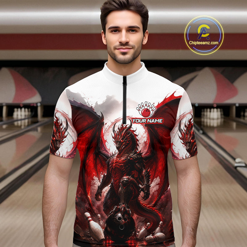 Custom Red Dragon Bowling Shirt for Men Bowling Team Jersey Polo & 1/4 Zip QZT1215