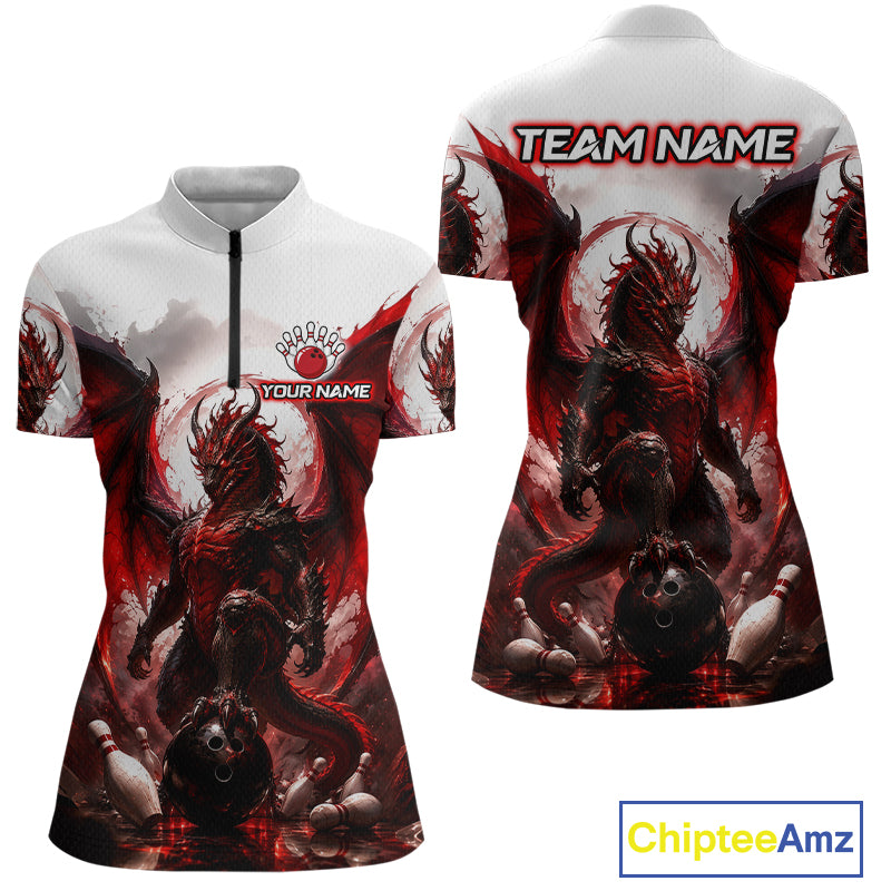 Custom Red Dragon Bowling Shirt for Women Bowling Team Jersey Polo & 1/4 Zip QZT1215