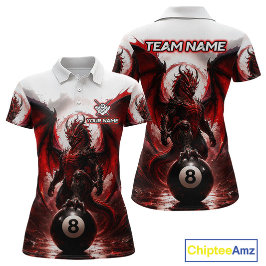 Custom Red & White Dragon Billiard Shirt 8 Ball Pool Team Jersey for Women Polo & 1/4 Zip BHT109