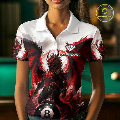 Custom Red & White Dragon Billiard Shirt 8 Ball Pool Team Jersey for Women Polo & 1/4 Zip BHT109