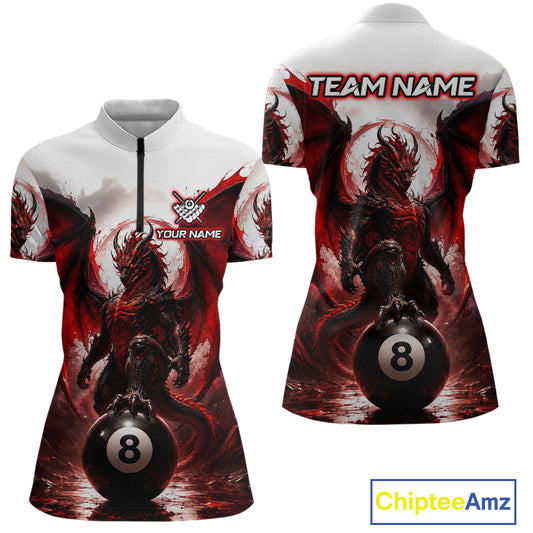Custom Red & White Dragon Billiard Shirt 8 Ball Pool Team Jersey for Women Polo & 1/4 Zip BHT109