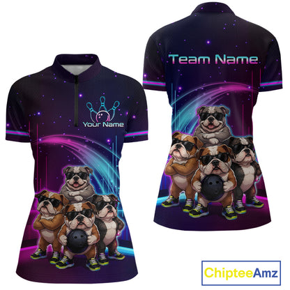 Custom Team Funny Bulldog Bowling Shirt for Women Neon Bowling Jersey Polo & 1/4-Zip QZT1217