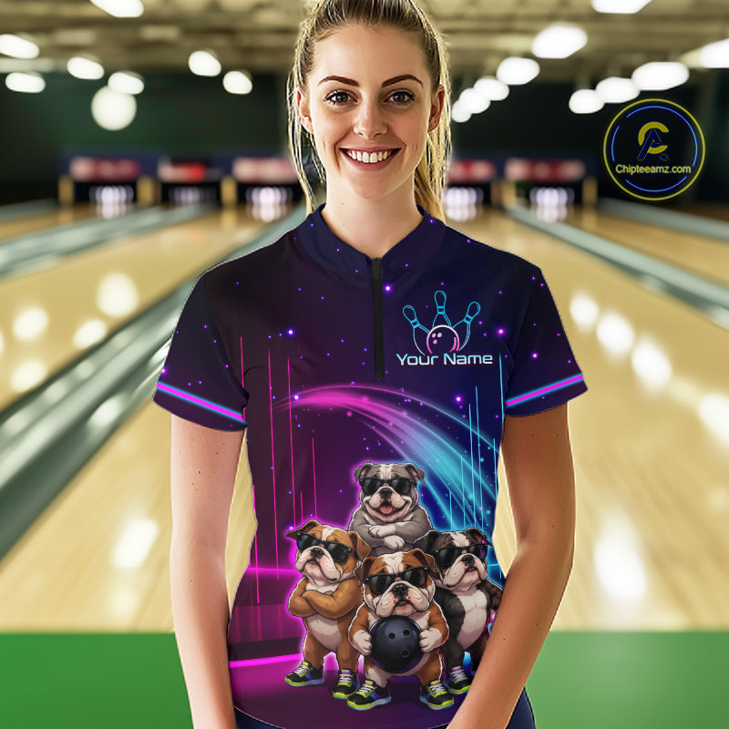 Custom Team Funny Bulldog Bowling Shirt for Women Neon Bowling Jersey Polo & 1/4-Zip QZT1217