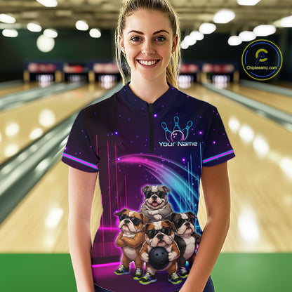 Custom Team Funny Bulldog Bowling Shirt for Women Neon Bowling Jersey Polo & 1/4-Zip QZT1217