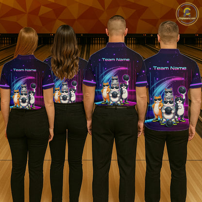 Four people wearing bowling shirts with team logos on a bowling alley.