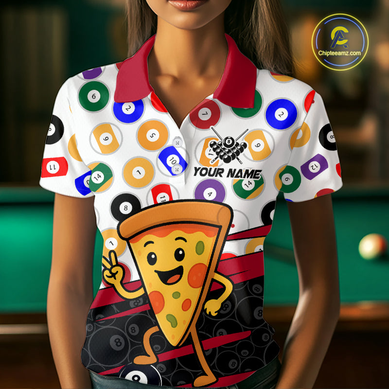 Person wearing a colorful shirt with pizza design and pool ball patterns, standing in front of a pool table.