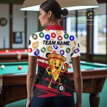 Load image into Gallery viewer, Person wearing a colorful shirt with a pizza design and 'Team Name' text in a pool hall.