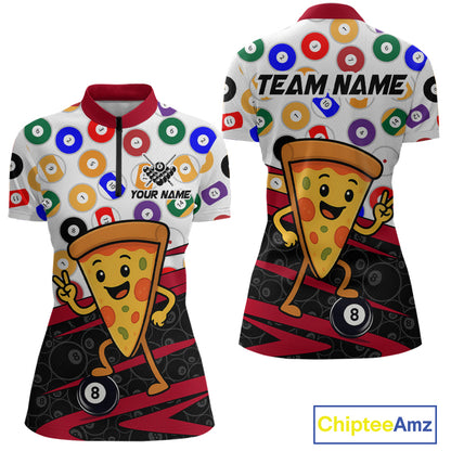 billiard jerseys with pizza-themed designs and colorful patterns, featuring the brand 'Chiptee Amz'.