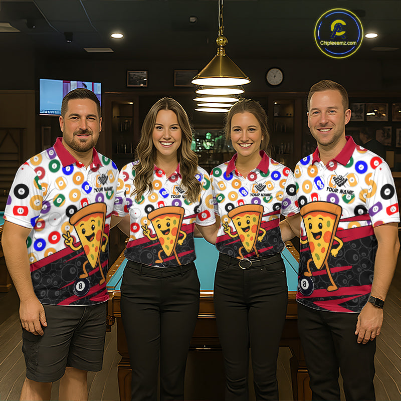 Four people wearing matching colorful shirts with pizza designs in a casual setting.