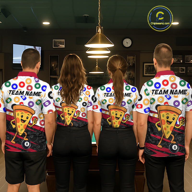 Four people wearing colorful bowling shirts with pizza designs in a billiard alley.