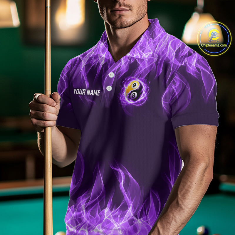 Custom Purple Flame Yin Yang 8 Ball and 9 Ball Billiard Team Shirts for Men Billiard League NNT351