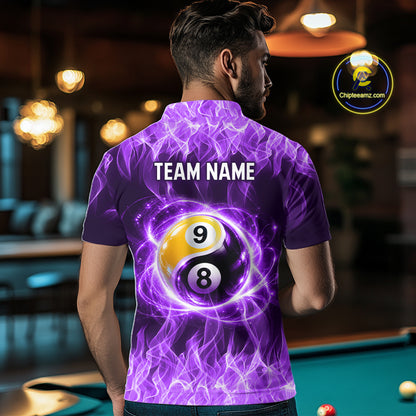 Custom Purple Flame Yin Yang 8 Ball and 9 Ball Billiard Team Shirts for Men Billiard League NNT351