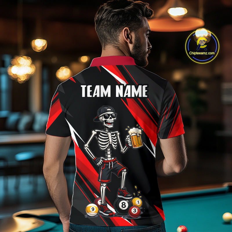 Person wearing a black and red polo shirt with a skeleton design and 'TEAM NAME' text, standing in a bar setting.