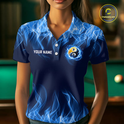 Custom Blue Flame Yin Yang 8 Ball and 9 Ball Billiard Team Shirts for Women Billiard League NNT351