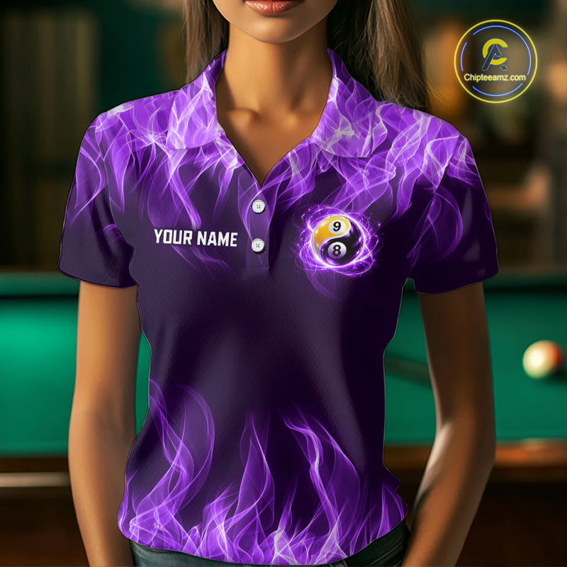 Custom Purple Flame Yin Yang 8 Ball and 9 Ball Billiard Team Shirts for Women Billiard League NNT351