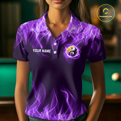 Custom Purple Flame Yin Yang 8 Ball and 9 Ball Billiard Team Shirts for Women Billiard League NNT351