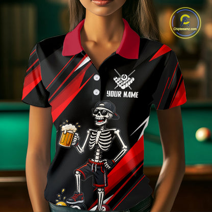 Person wearing a black and red polo shirt with a skeleton design and 'Your Name' text, pool table in the background.