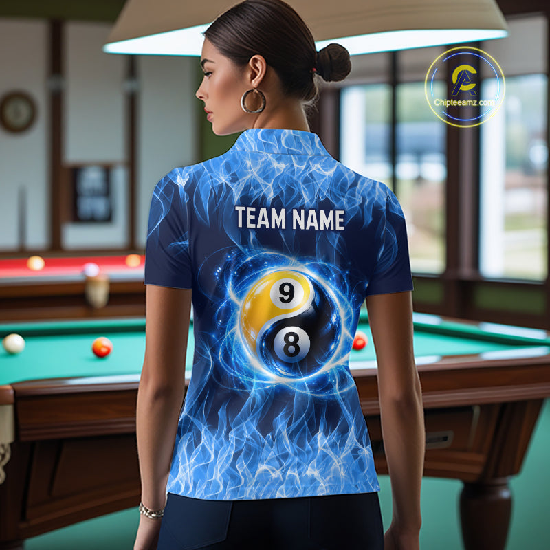 Custom Blue Flame Yin Yang 8 Ball and 9 Ball Billiard Team Shirts for Women Billiard League NNT351
