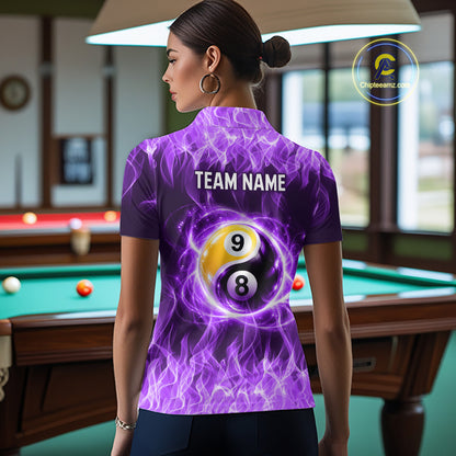 Custom Purple Flame Yin Yang 8 Ball and 9 Ball Billiard Team Shirts for Women Billiard League NNT351