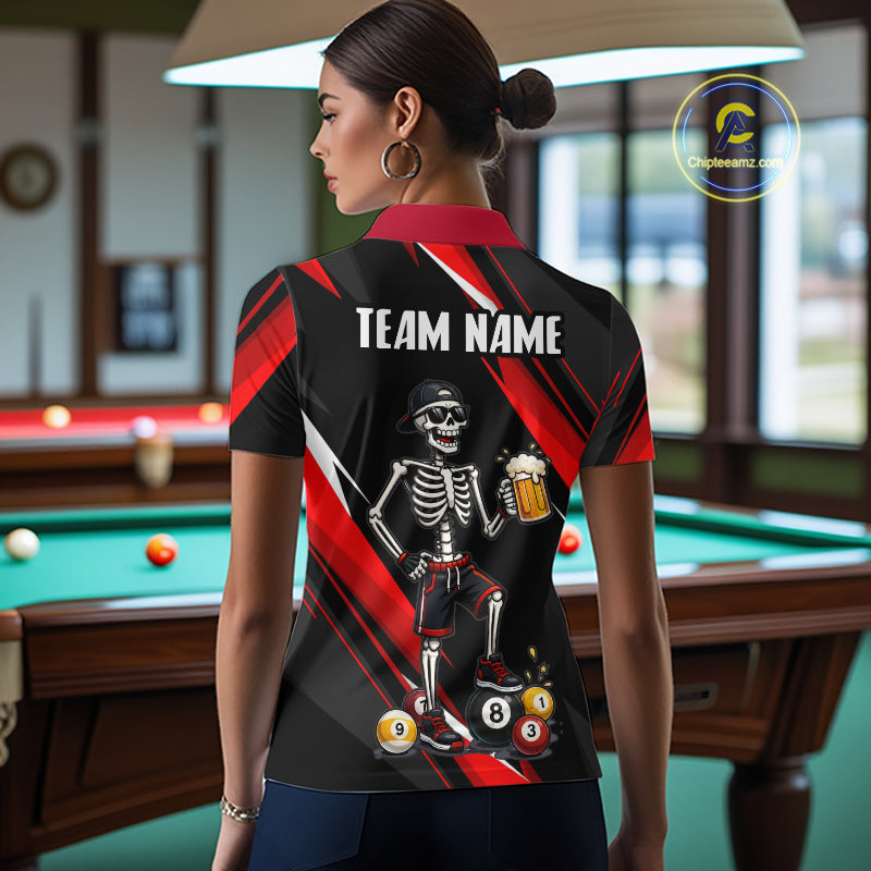 Person wearing a shirt with a skeleton design and 'Team Name' text in a pool hall.