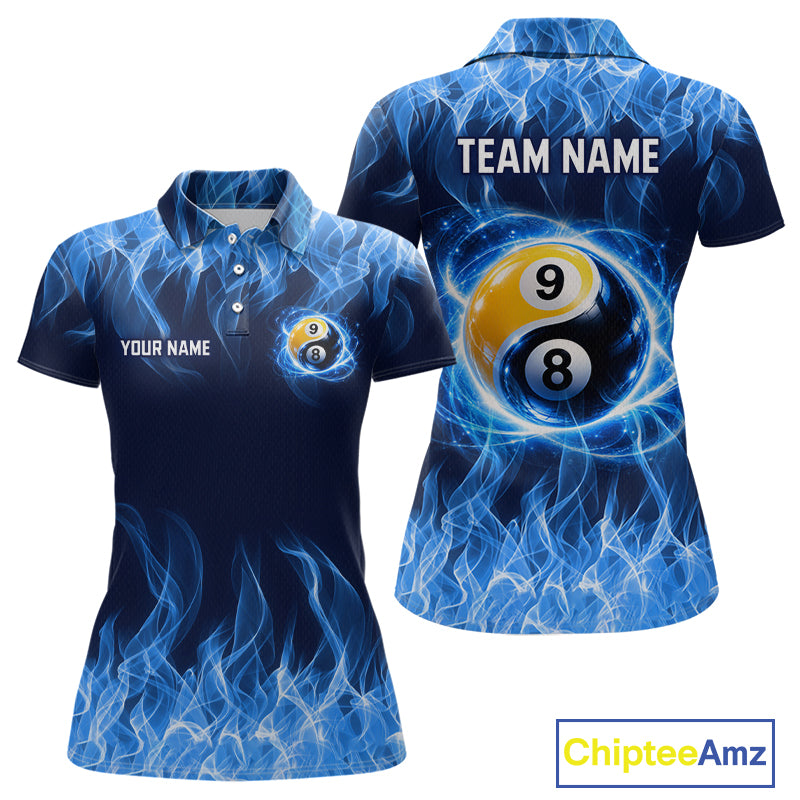 Custom Blue Flame Yin Yang 8 Ball and 9 Ball Billiard Team Shirts for Women Billiard League NNT351