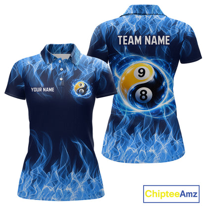 Custom Blue Flame Yin Yang 8 Ball and 9 Ball Billiard Team Shirts for Women Billiard League NNT351