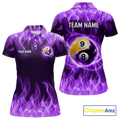 Custom Purple Flame Yin Yang 8 Ball and 9 Ball Billiard Team Shirts for Women Billiard League NNT351