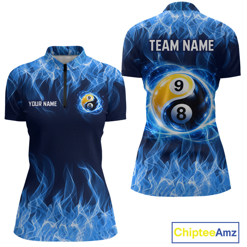 Custom Blue Flame Yin Yang 8 Ball and 9 Ball Billiard Team Shirts for Women Billiard League NNT351