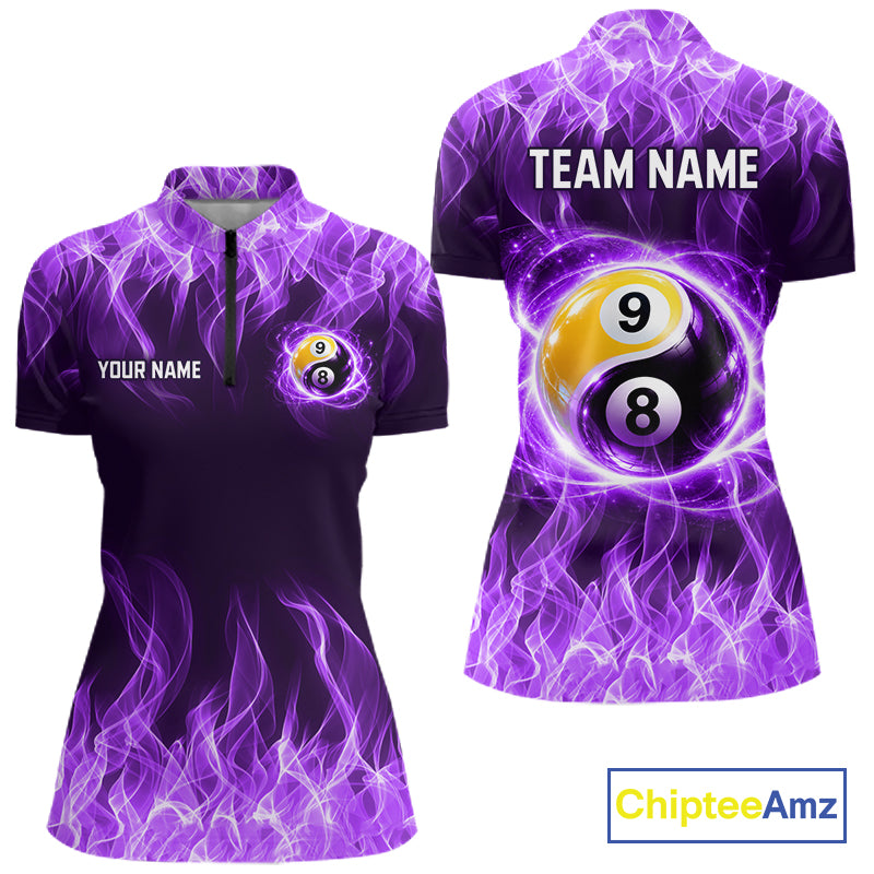 Custom Purple Flame Yin Yang 8 Ball and 9 Ball Billiard Team Shirts for Women Billiard League NNT351