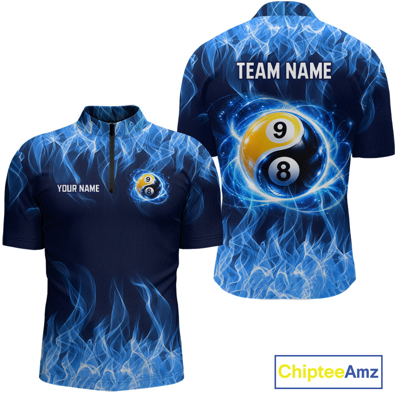 Custom Blue Flame Yin Yang 8 Ball and 9 Ball Billiard Team Shirts for Men Billiard League NNT351