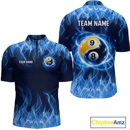 Custom Blue Flame Yin Yang 8 Ball and 9 Ball Billiard Team Shirts for Men Billiard League NNT351