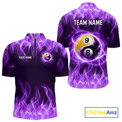 Custom Purple Flame Yin Yang 8 Ball and 9 Ball Billiard Team Shirts for Men Billiard League NNT351