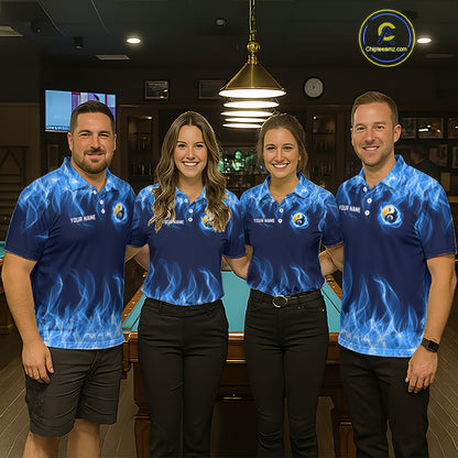 Custom Blue Flame Yin Yang 8 Ball and 9 Ball Billiard Team Shirts for Men Billiard League NNT351