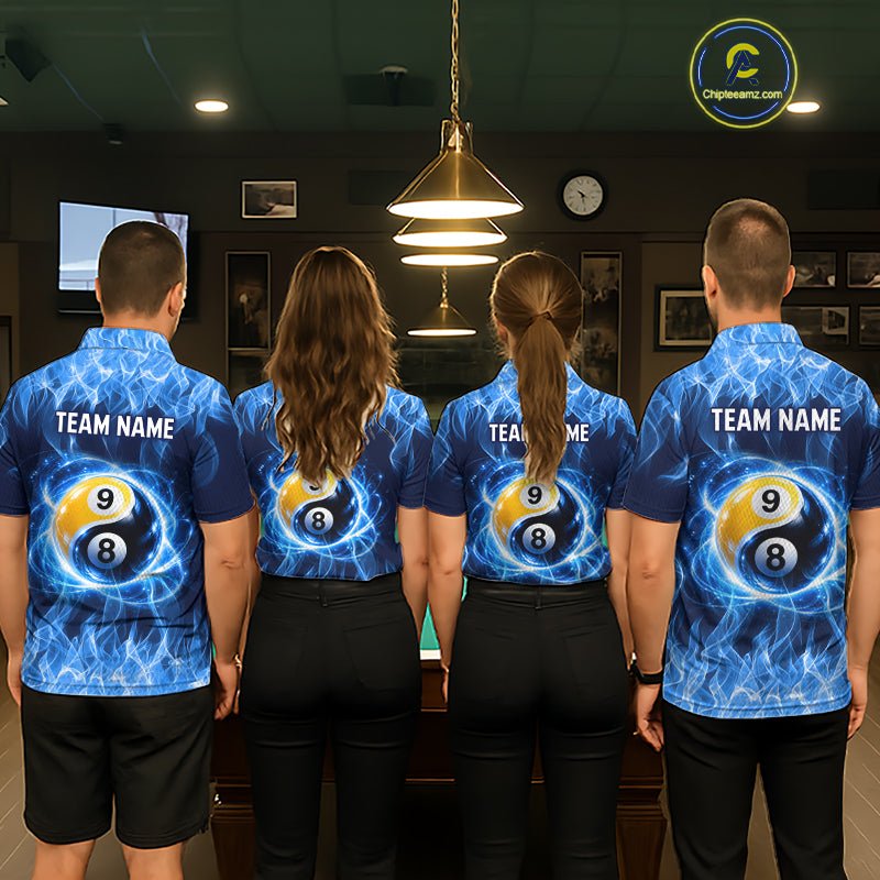 Custom Blue Flame Yin Yang 8 Ball and 9 Ball Billiard Team Shirts for Men Billiard League NNT351