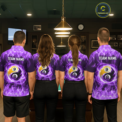 Custom Purple Flame Yin Yang 8 Ball and 9 Ball Billiard Team Shirts for Women Billiard League NNT351