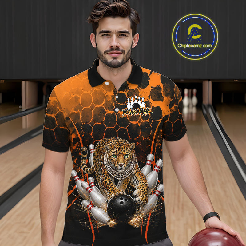 Orange Diomond Leopard Bowling Shirt for Men Custom Bowling Jersey Polo & Quarter-Zip QZT1028