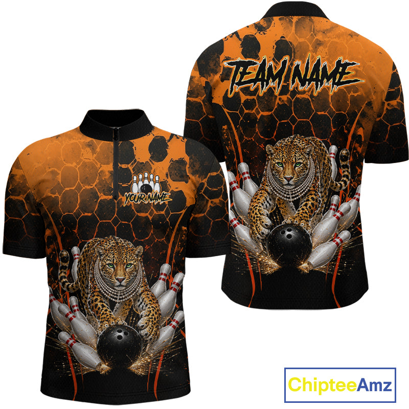 Orange Diomond Leopard Bowling Shirt for Men Custom Bowling Jersey Polo & Quarter-Zip QZT1028