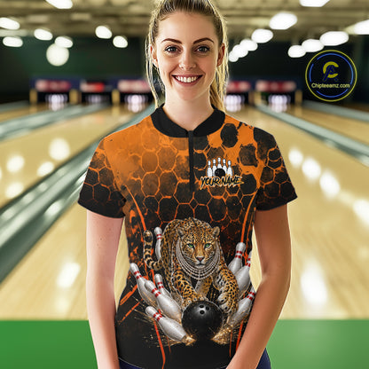 Orange Diomond Leopard Bowling Shirt for Women Custom Bowling Jersey Polo & Quarter-Zip QZT1028