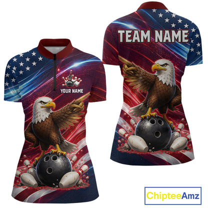 Custom American Flag Eagle Bowling Shirt for Women Patriotic Bowling Jersey Polo & Quarter-Zip QZT1030