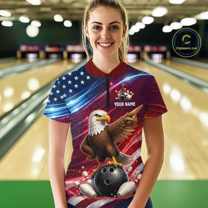 Custom American Flag Eagle Bowling Shirt for Women Patriotic Bowling Jersey Polo & Quarter-Zip QZT1030