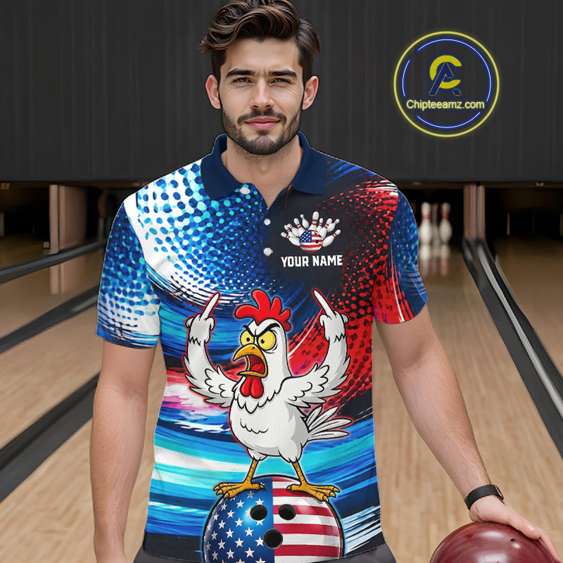 Custom American Flag Chicken Bowling Shirt for Men Patriotic Bowling Jersey Polo & Quarter-Zip QZT1031