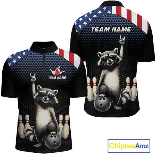 Custom American Flag Bowling Shirt Funny Raccoon Bowling League Jersey for Men Polo & 1/4-Zip QZT1220
